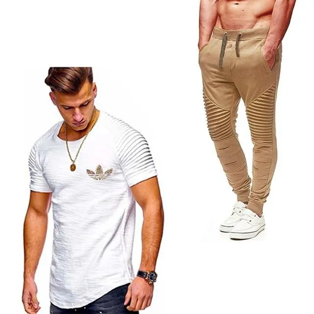 2019 Summer Men pleated T Shirts pants Sets Tide brand Hot Sale Cotton Comfortable Short Sleeve Tshirt men Casual Set Pant