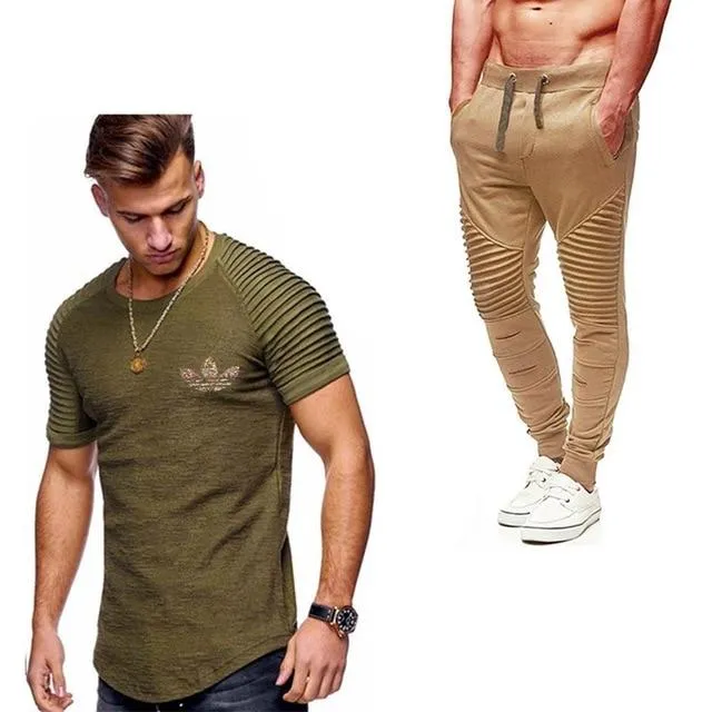 2019 Summer Men pleated T Shirts pants Sets Tide brand Hot Sale Cotton Comfortable Short Sleeve Tshirt men Casual Set Pant