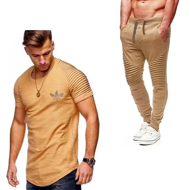 2019 Summer Men pleated T Shirts pants Sets Tide brand Hot Sale Cotton Comfortable Short Sleeve Tshirt men Casual Set Pant
