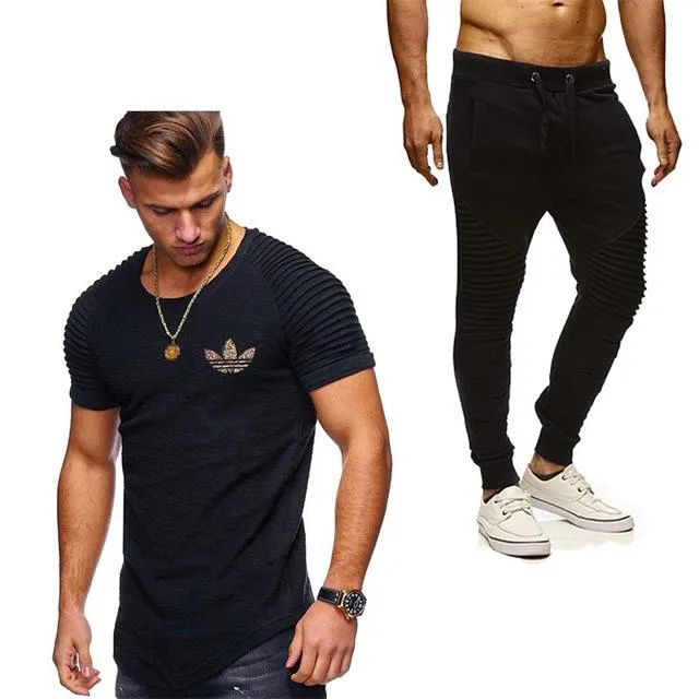 2019 Summer Men pleated T Shirts pants Sets Tide brand Hot Sale Cotton Comfortable Short Sleeve Tshirt men Casual Set Pant