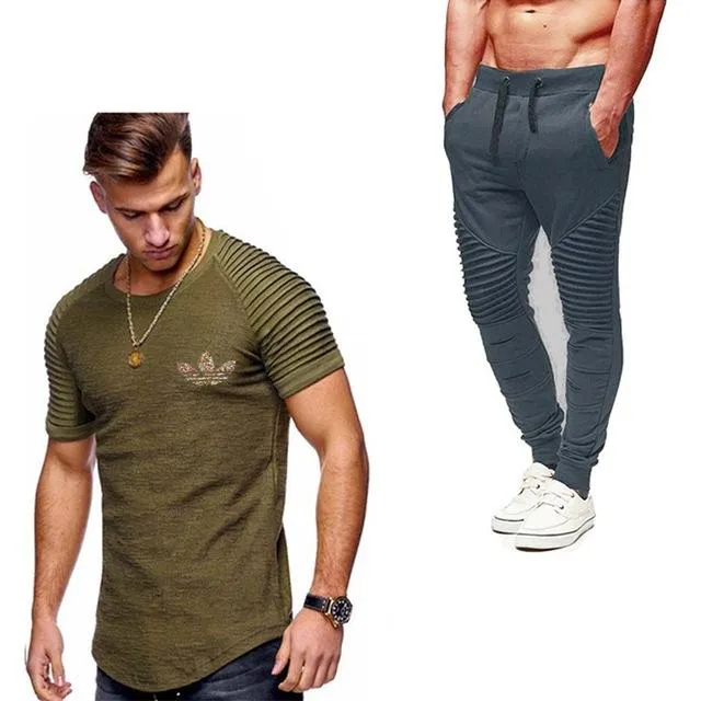 2019 Summer Men pleated T Shirts pants Sets Tide brand Hot Sale Cotton Comfortable Short Sleeve Tshirt men Casual Set Pant
