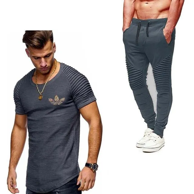 2019 Summer Men pleated T Shirts pants Sets Tide brand Hot Sale Cotton Comfortable Short Sleeve Tshirt men Casual Set Pant