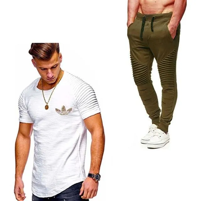 2019 Summer Men pleated T Shirts pants Sets Tide brand Hot Sale Cotton Comfortable Short Sleeve Tshirt men Casual Set Pant