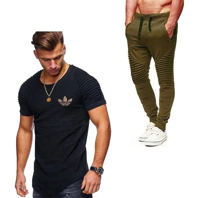 2019 Summer Men pleated T Shirts pants Sets Tide brand Hot Sale Cotton Comfortable Short Sleeve Tshirt men Casual Set Pant