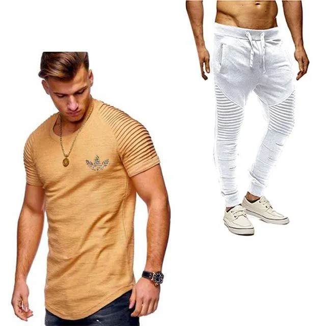 2019 Summer Men pleated T Shirts pants Sets Tide brand Hot Sale Cotton Comfortable Short Sleeve Tshirt men Casual Set Pant