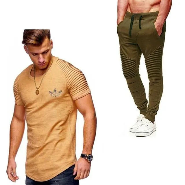 2019 Summer Men pleated T Shirts pants Sets Tide brand Hot Sale Cotton Comfortable Short Sleeve Tshirt men Casual Set Pant