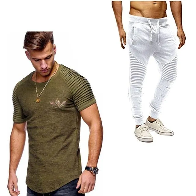 2019 Summer Men pleated T Shirts pants Sets Tide brand Hot Sale Cotton Comfortable Short Sleeve Tshirt men Casual Set Pant