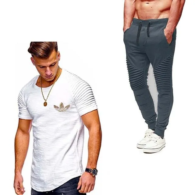 2019 Summer Men pleated T Shirts pants Sets Tide brand Hot Sale Cotton Comfortable Short Sleeve Tshirt men Casual Set Pant