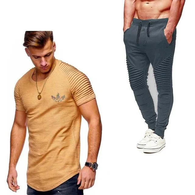 2019 Summer Men pleated T Shirts pants Sets Tide brand Hot Sale Cotton Comfortable Short Sleeve Tshirt men Casual Set Pant