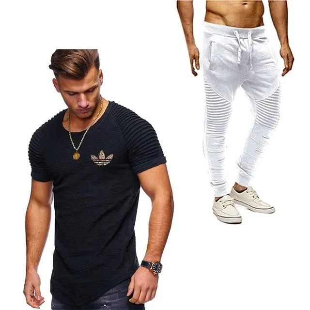 2019 Summer Men pleated T Shirts pants Sets Tide brand Hot Sale Cotton Comfortable Short Sleeve Tshirt men Casual Set Pant