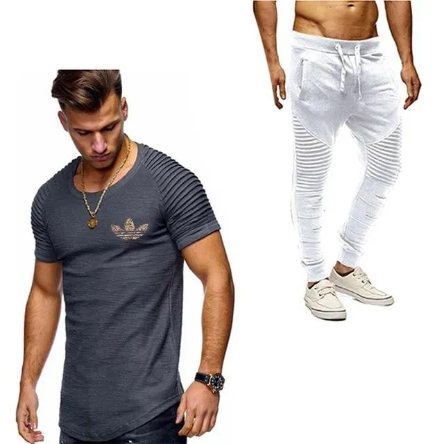 2019 Summer Men pleated T Shirts pants Sets Tide brand Hot Sale Cotton Comfortable Short Sleeve Tshirt men Casual Set Pant