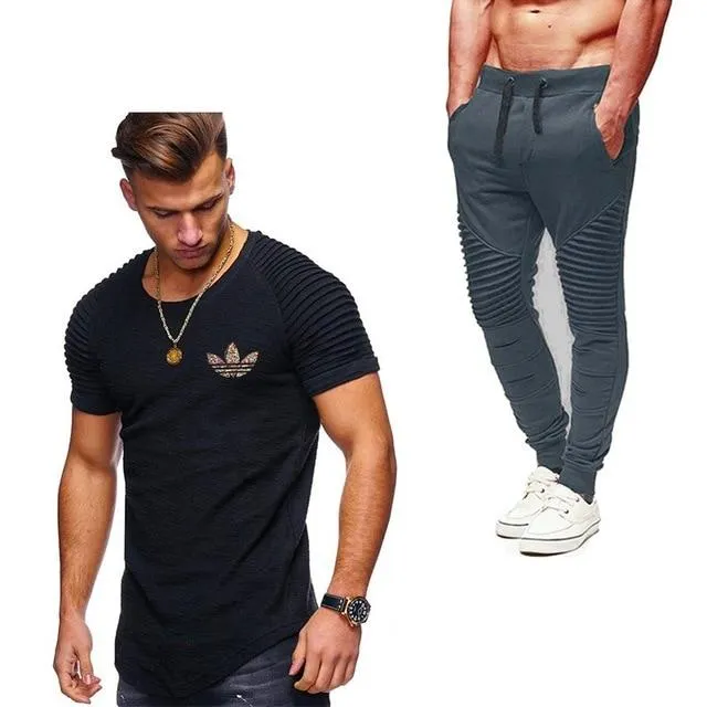 2019 Summer Men pleated T Shirts pants Sets Tide brand Hot Sale Cotton Comfortable Short Sleeve Tshirt men Casual Set Pant