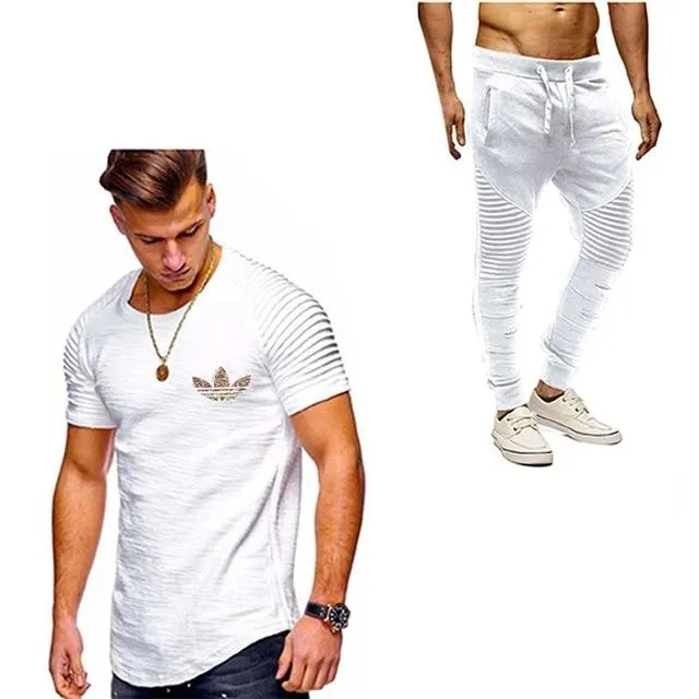 2019 Summer Men pleated T Shirts pants Sets Tide brand Hot Sale Cotton Comfortable Short Sleeve Tshirt men Casual Set Pant