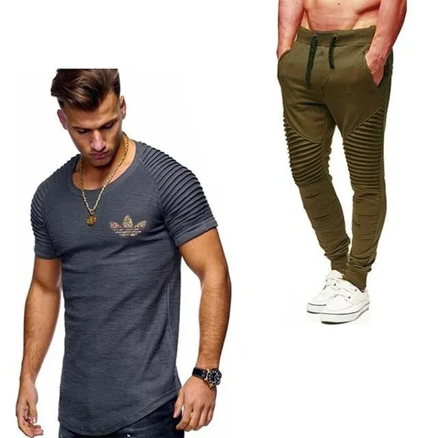 2019 Summer Men pleated T Shirts pants Sets Tide brand Hot Sale Cotton Comfortable Short Sleeve Tshirt men Casual Set Pant