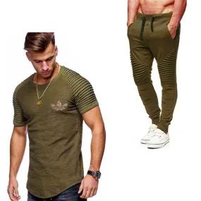2019 Summer Men pleated T Shirts pants Sets Tide brand Hot Sale Cotton Comfortable Short Sleeve Tshirt men Casual Set Pant