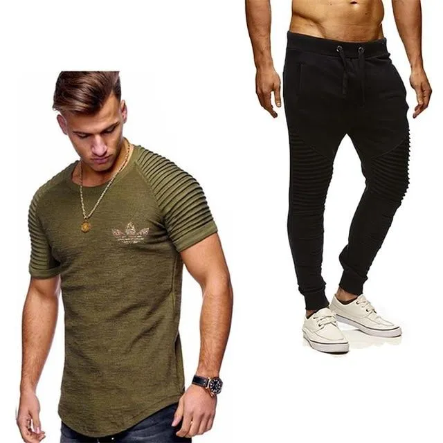 2019 Summer Men pleated T Shirts pants Sets Tide brand Hot Sale Cotton Comfortable Short Sleeve Tshirt men Casual Set Pant