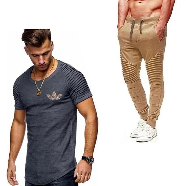 2019 Summer Men pleated T Shirts pants Sets Tide brand Hot Sale Cotton Comfortable Short Sleeve Tshirt men Casual Set Pant