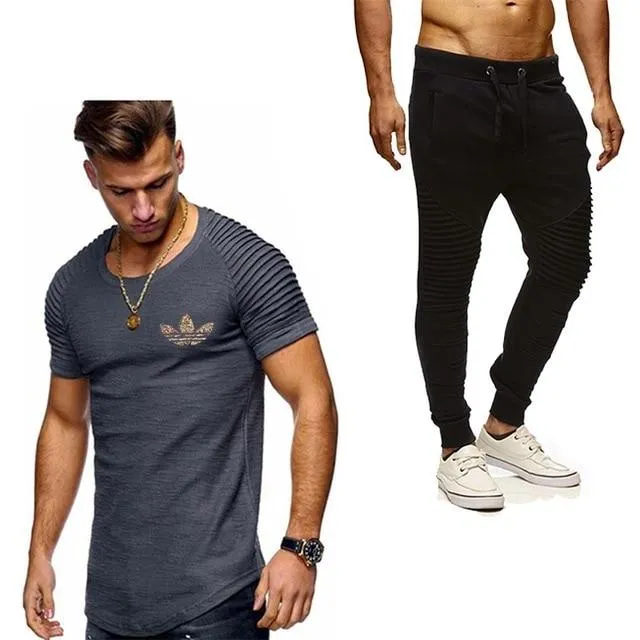 2019 Summer Men pleated T Shirts pants Sets Tide brand Hot Sale Cotton Comfortable Short Sleeve Tshirt men Casual Set Pant
