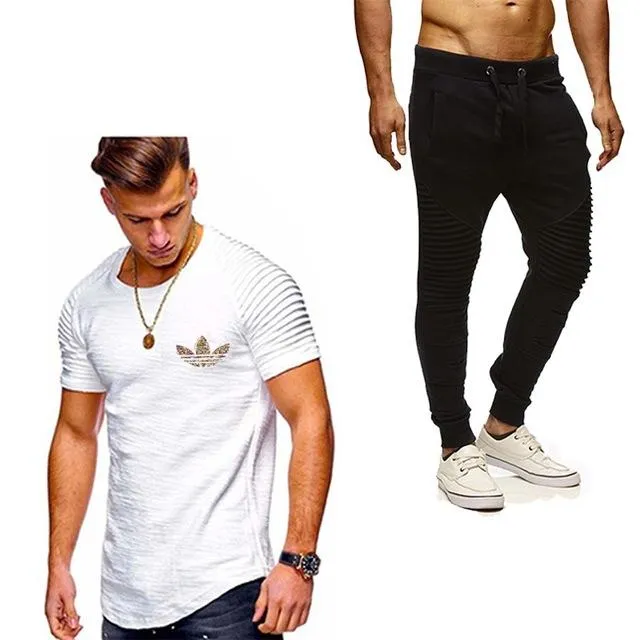 2019 Summer Men pleated T Shirts pants Sets Tide brand Hot Sale Cotton Comfortable Short Sleeve Tshirt men Casual Set Pant