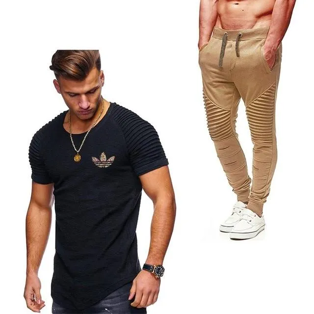2019 Summer Men pleated T Shirts pants Sets Tide brand Hot Sale Cotton Comfortable Short Sleeve Tshirt men Casual Set Pant
