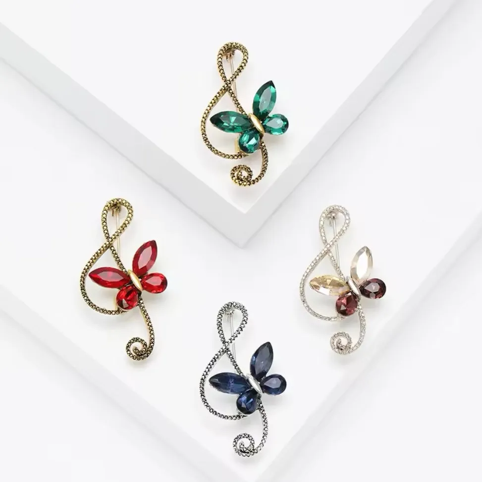 Blue Sapphire Rhinestone Butterfly Brooch Womens Casual Treble Clef Musical Pin