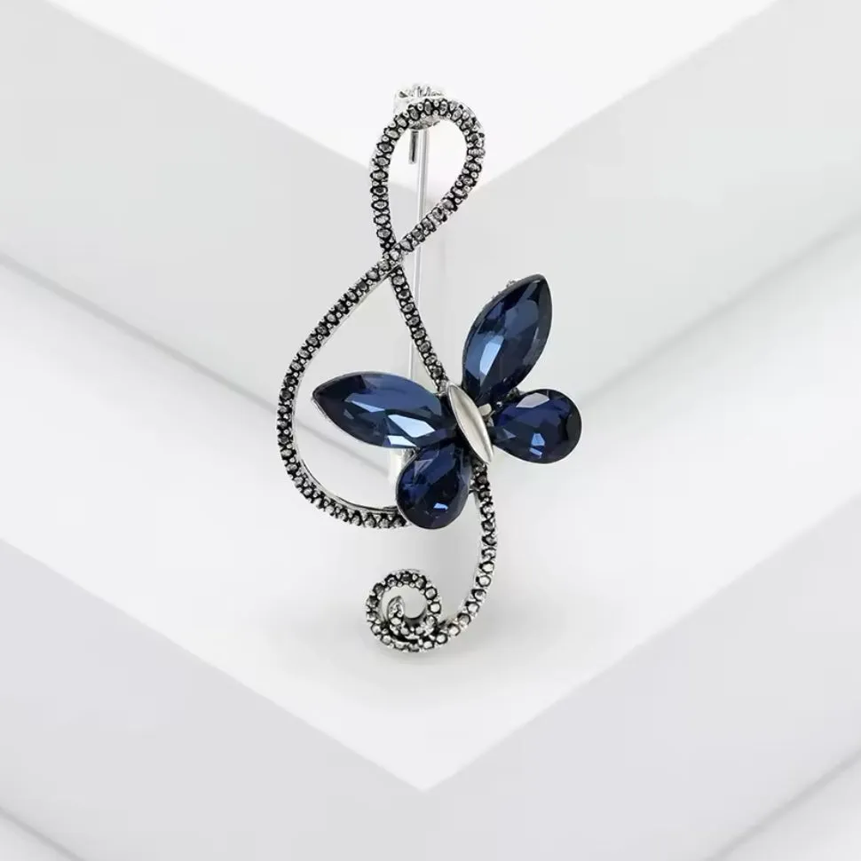 Blue Sapphire Rhinestone Butterfly Brooch Womens Casual Treble Clef Musical Pin