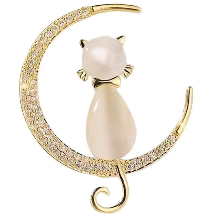 Cats Eye Rhinestone Crescent Moon Gold Brooch Womens Girls Casual Pin New