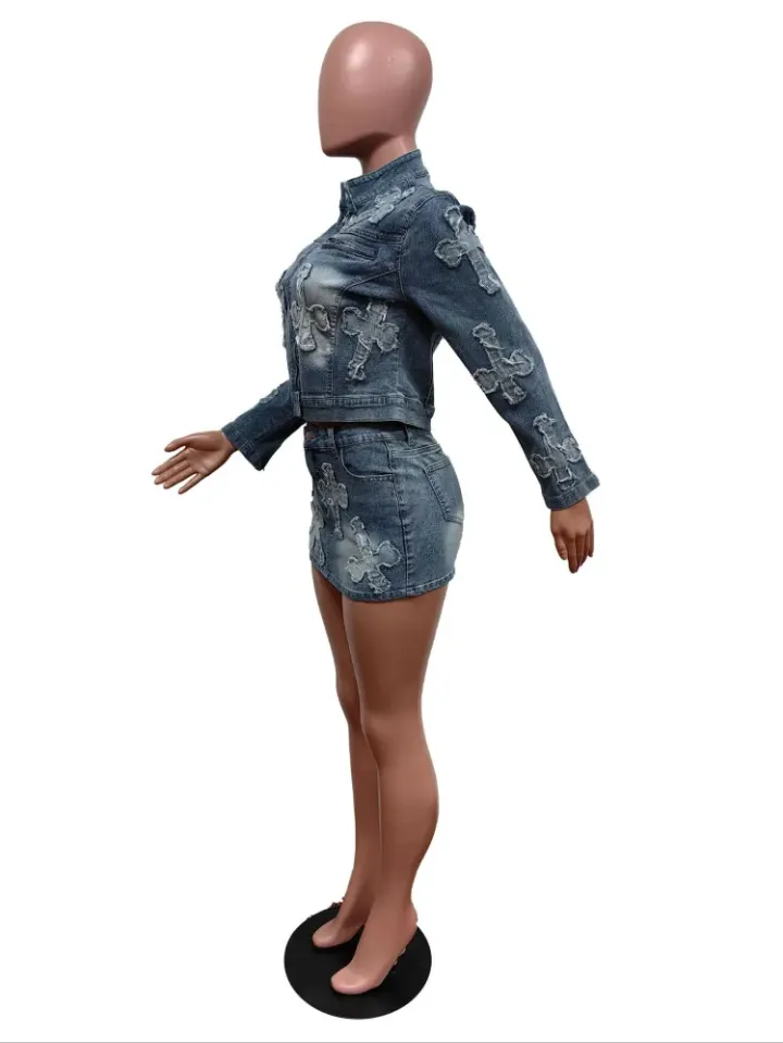 Denim Embroider Jackets And Skirt Two Piece Se