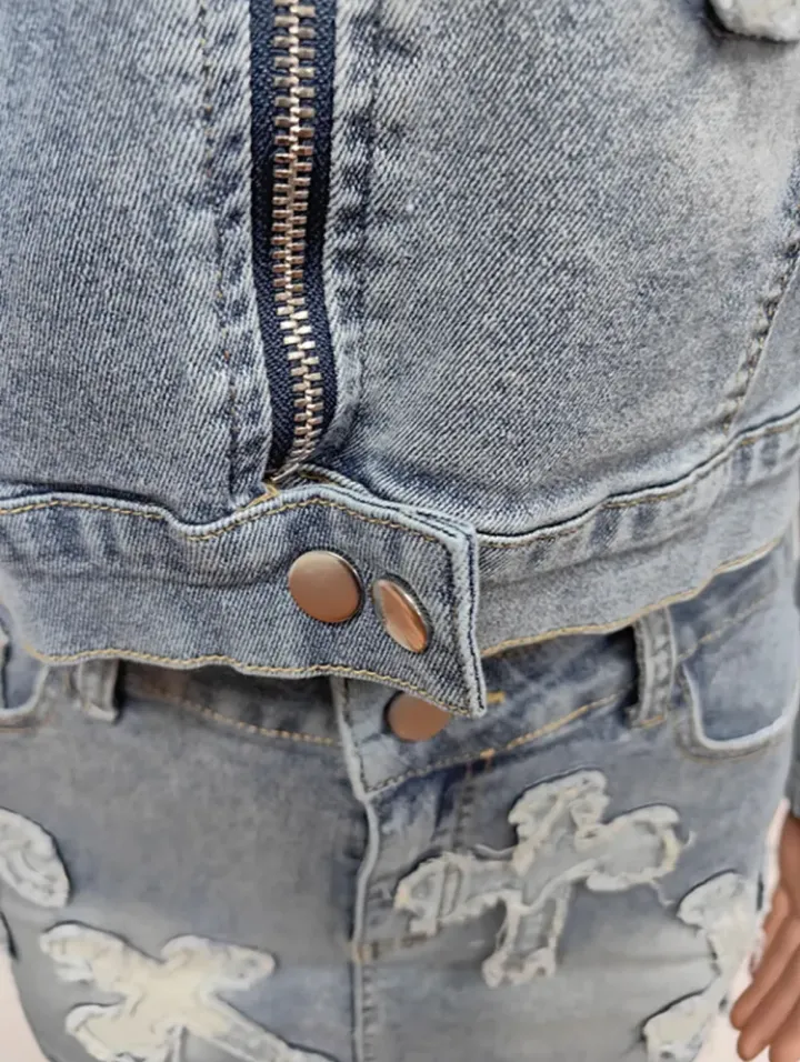 Denim Embroider Jackets And Skirt Two Piece Se