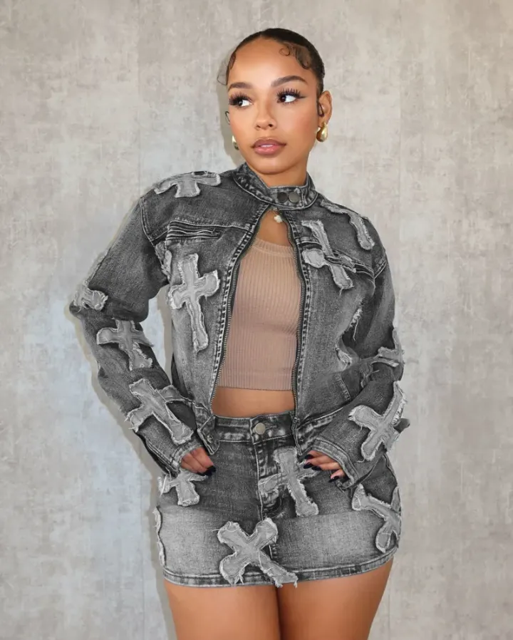 Denim Embroider Jackets And Skirt Two Piece Se
