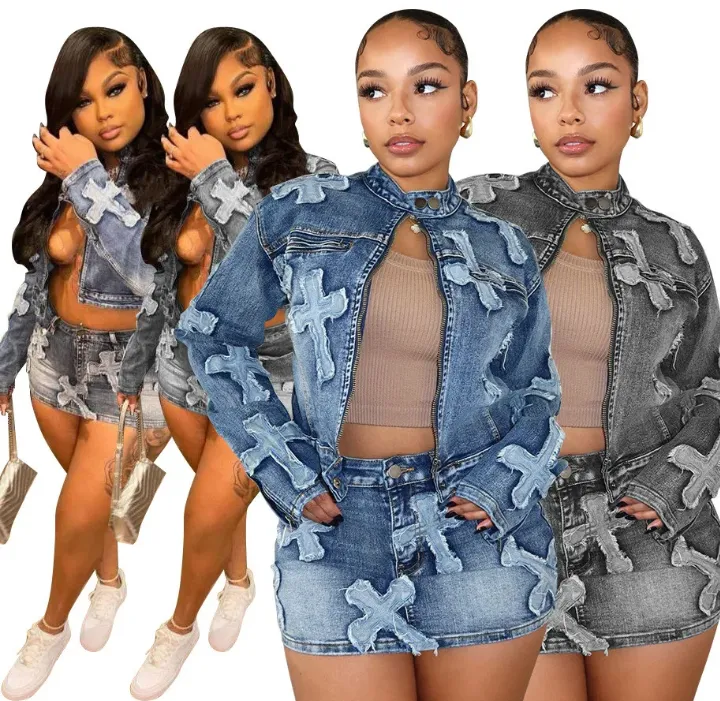 Denim Embroider Jackets And Skirt Two Piece Se
