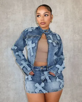 Denim Embroider Jackets And Skirt Two Piece Se