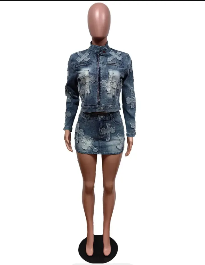 Denim Embroider Jackets And Skirt Two Piece Se
