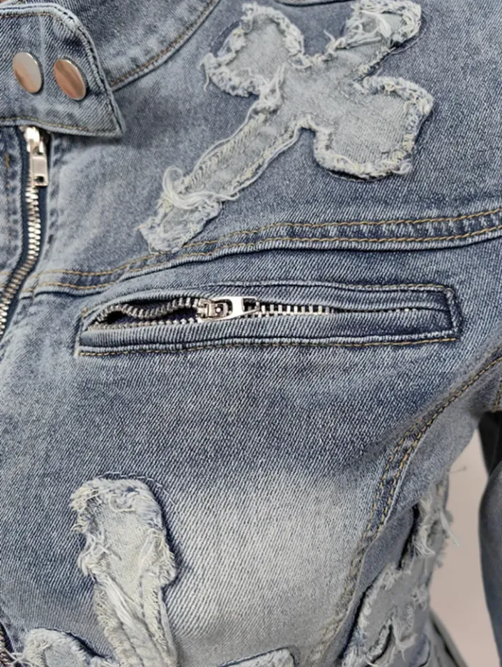 Denim Embroider Jackets And Skirt Two Piece Se