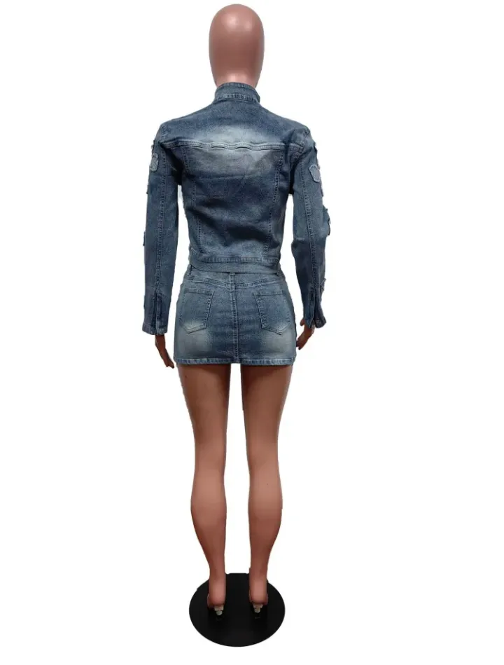 Denim Embroider Jackets And Skirt Two Piece Se