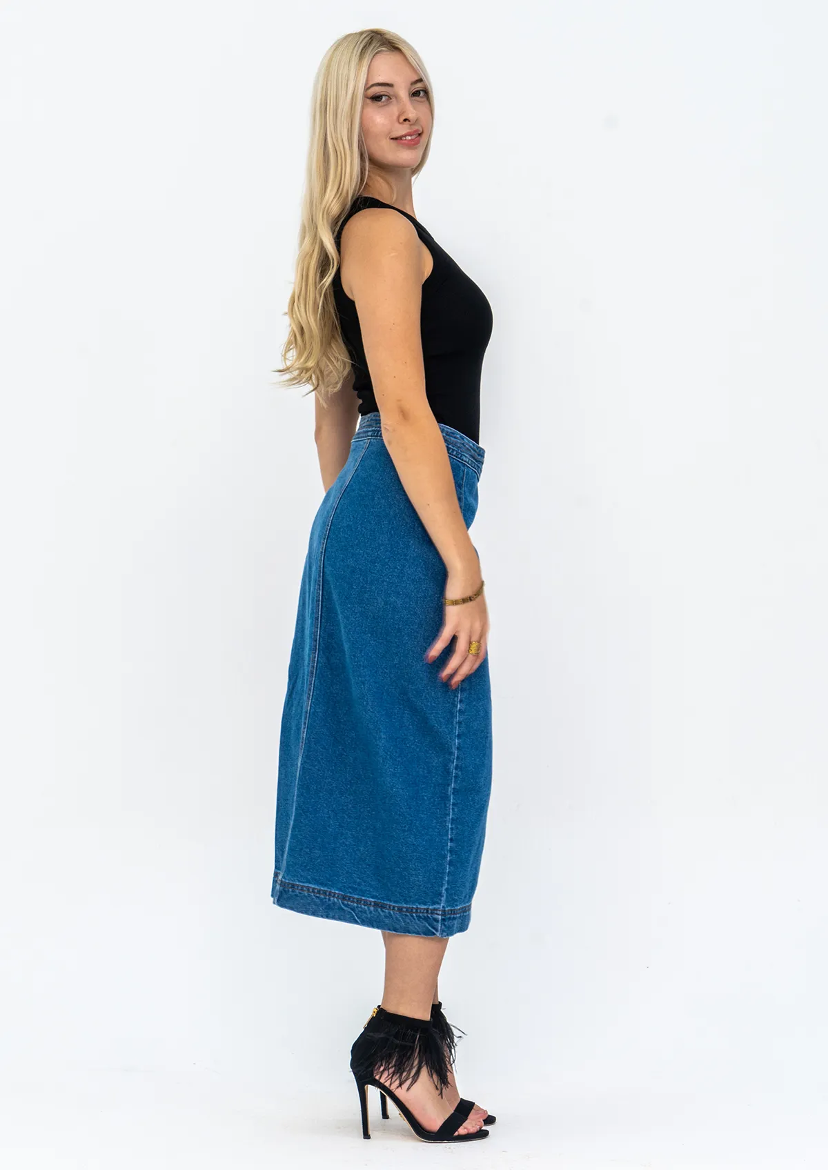 Front Wrap Denim Midi Skirt
