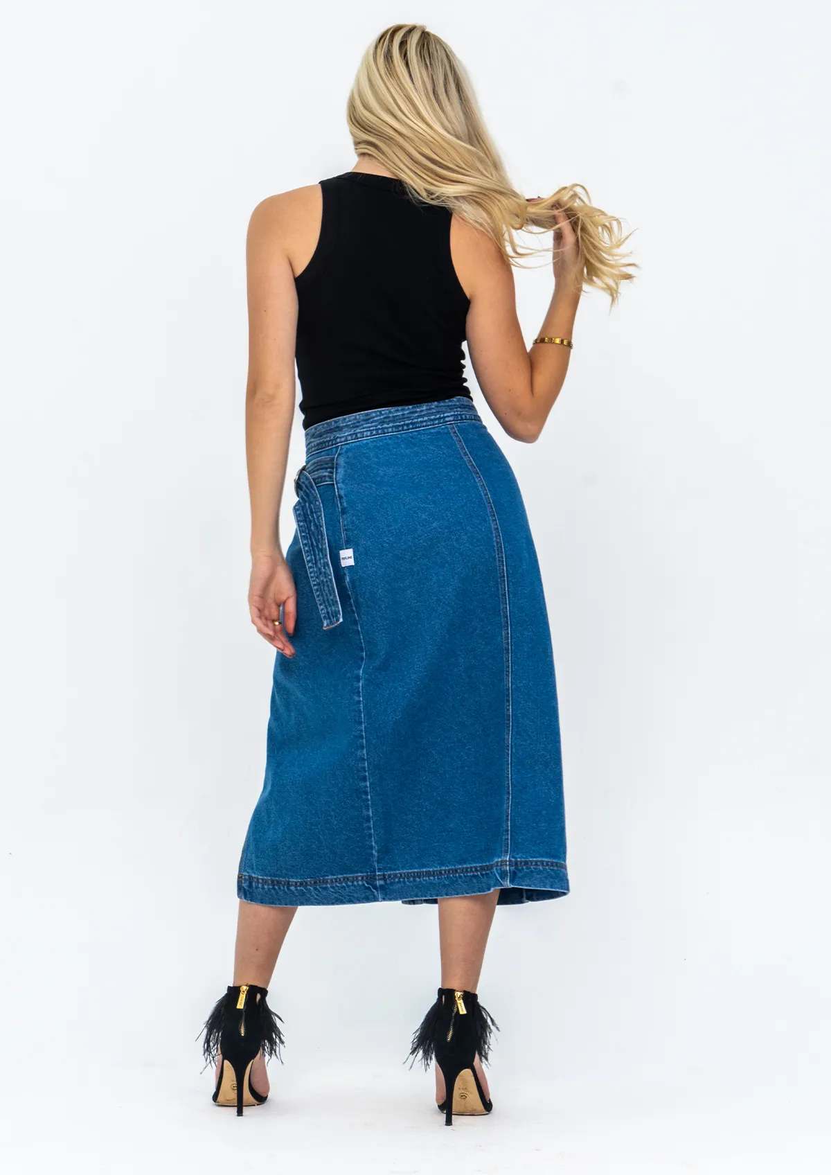 Front Wrap Denim Midi Skirt