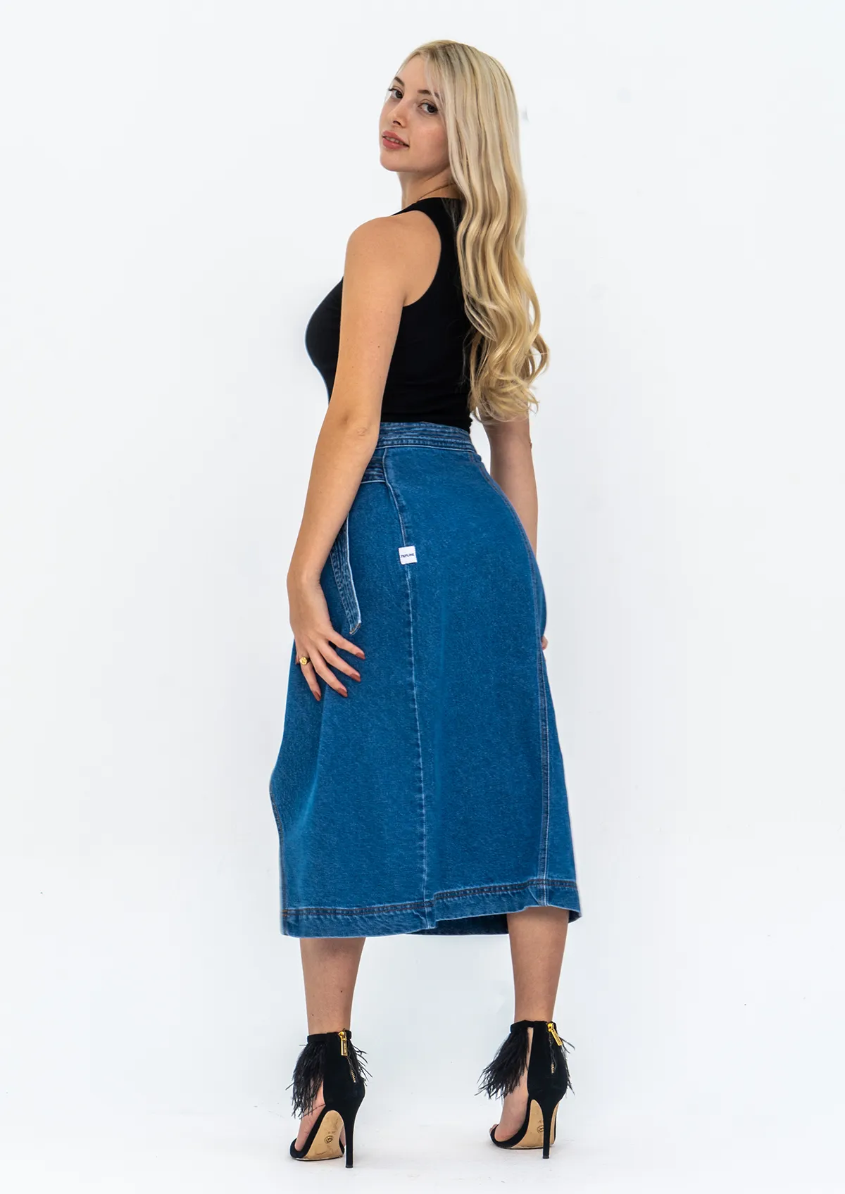 Front Wrap Denim Midi Skirt