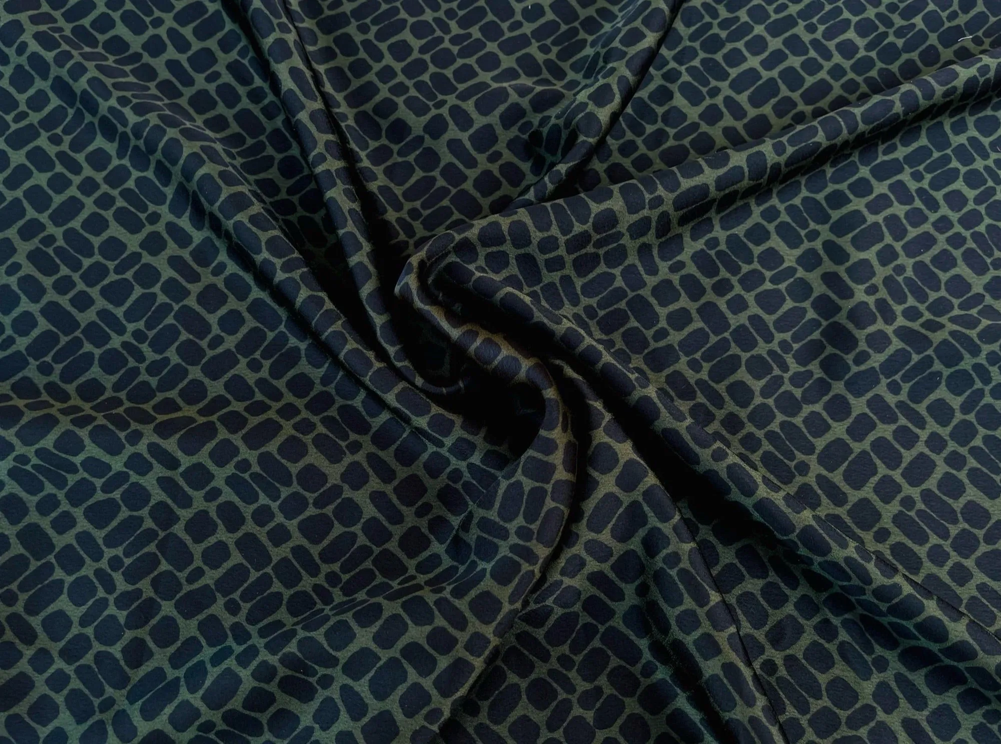 Lightweight stretch satin fabric by the yard -  Green square pattern
