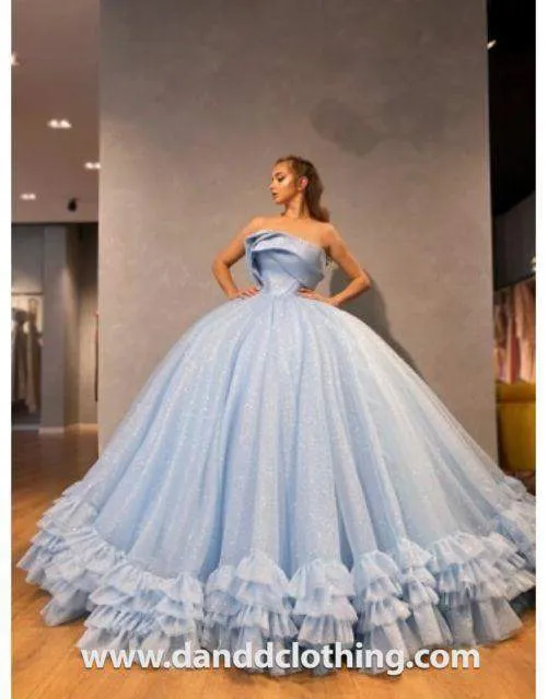 Luxury Evening Dress Light Blue Frills