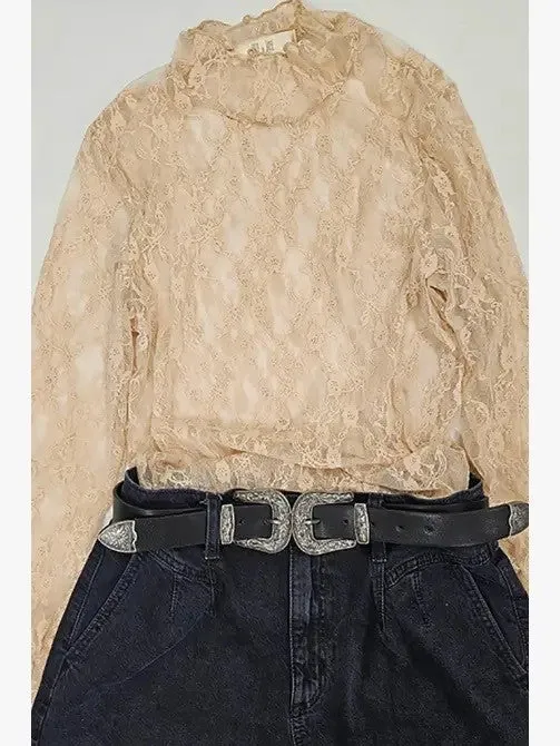 MOCK NECK LONG SLEEVE MESH FLORAL KNIT TOP