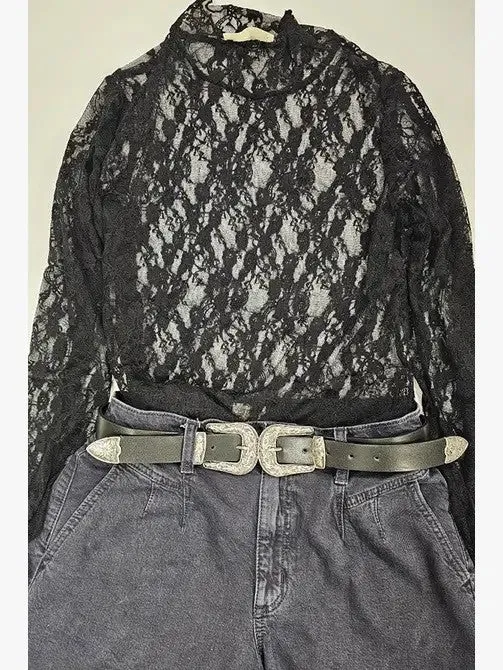 MOCK NECK LONG SLEEVE MESH FLORAL KNIT TOP