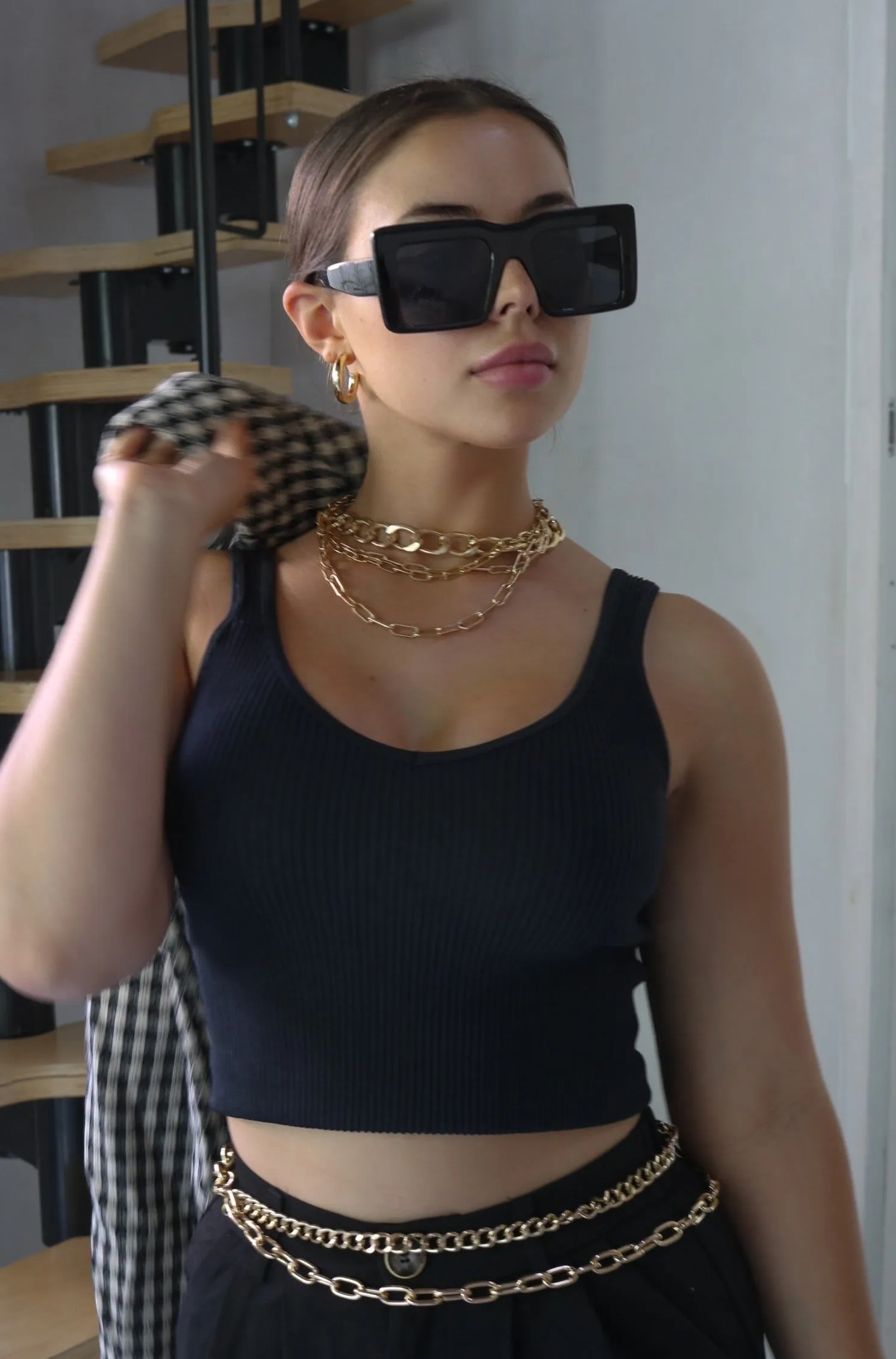 'Olivia' V Neck Ribbed Tank Top in Black