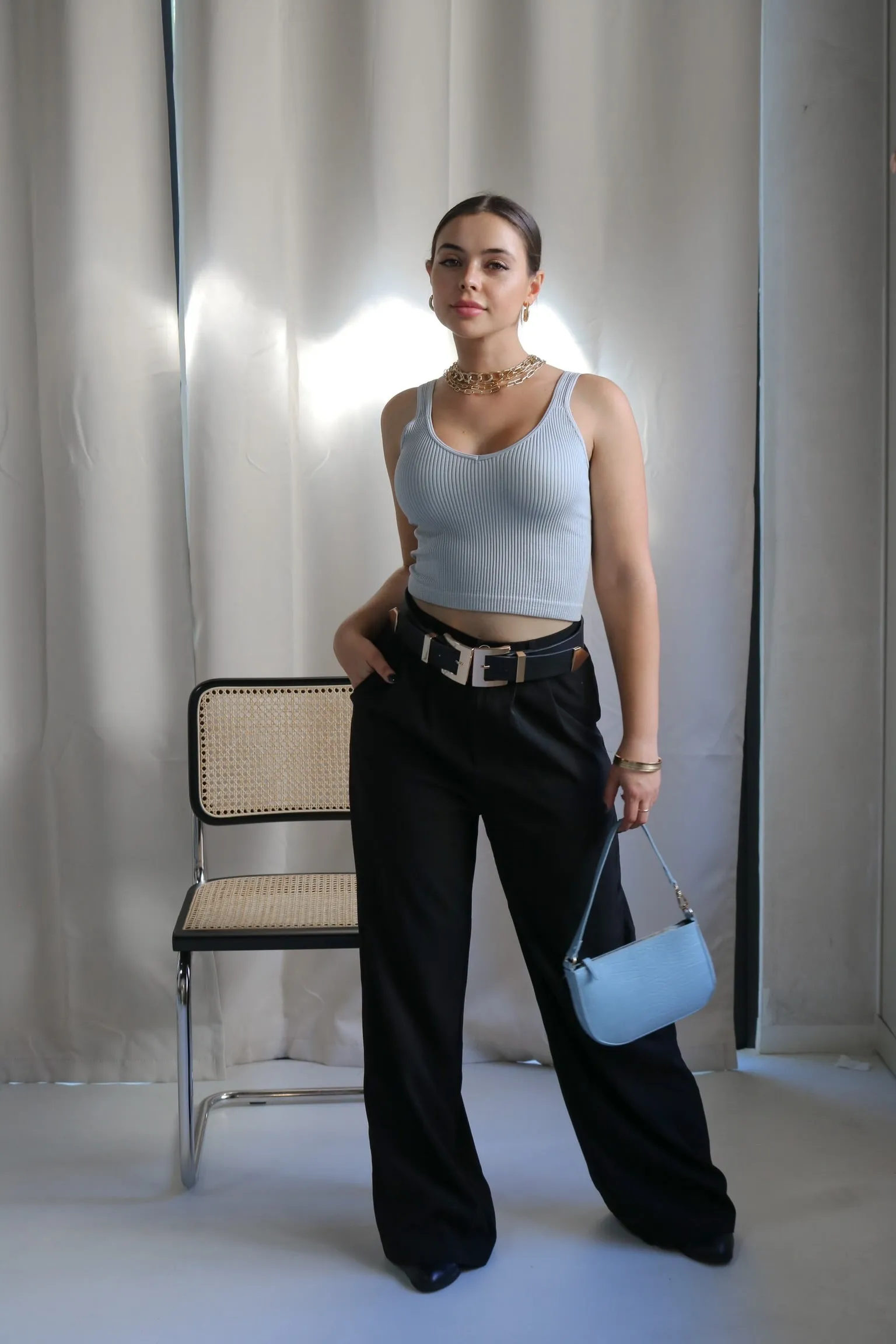 'Olivia' V Neck Ribbed Tank Top in Dusty Blue