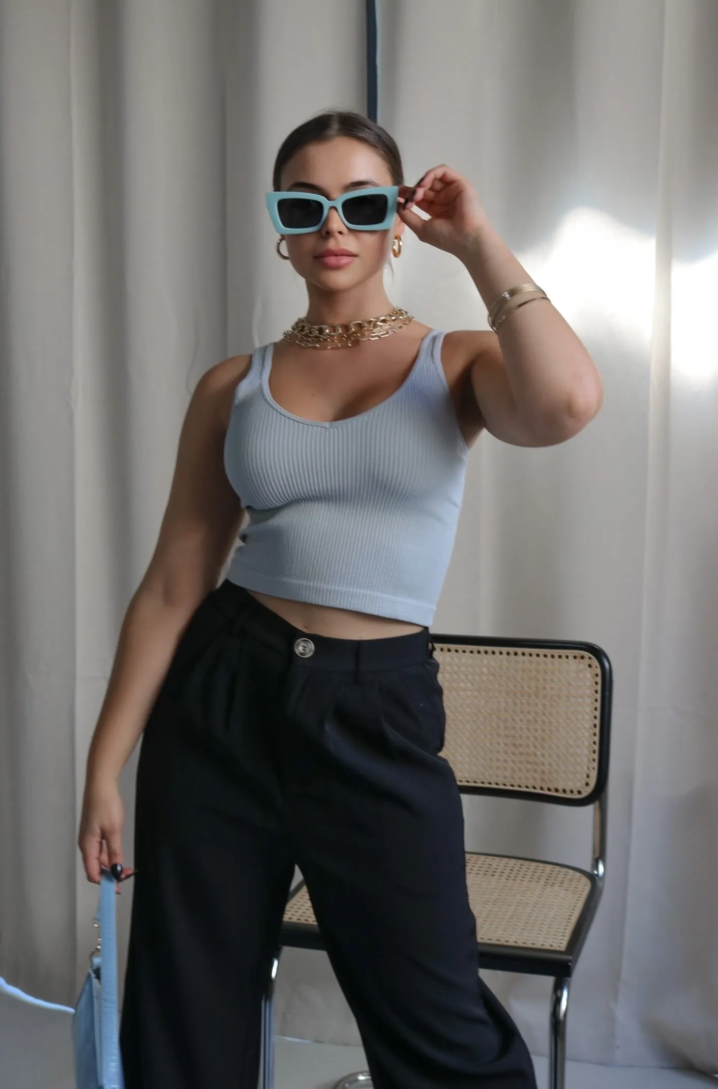 'Olivia' V Neck Ribbed Tank Top in Dusty Blue