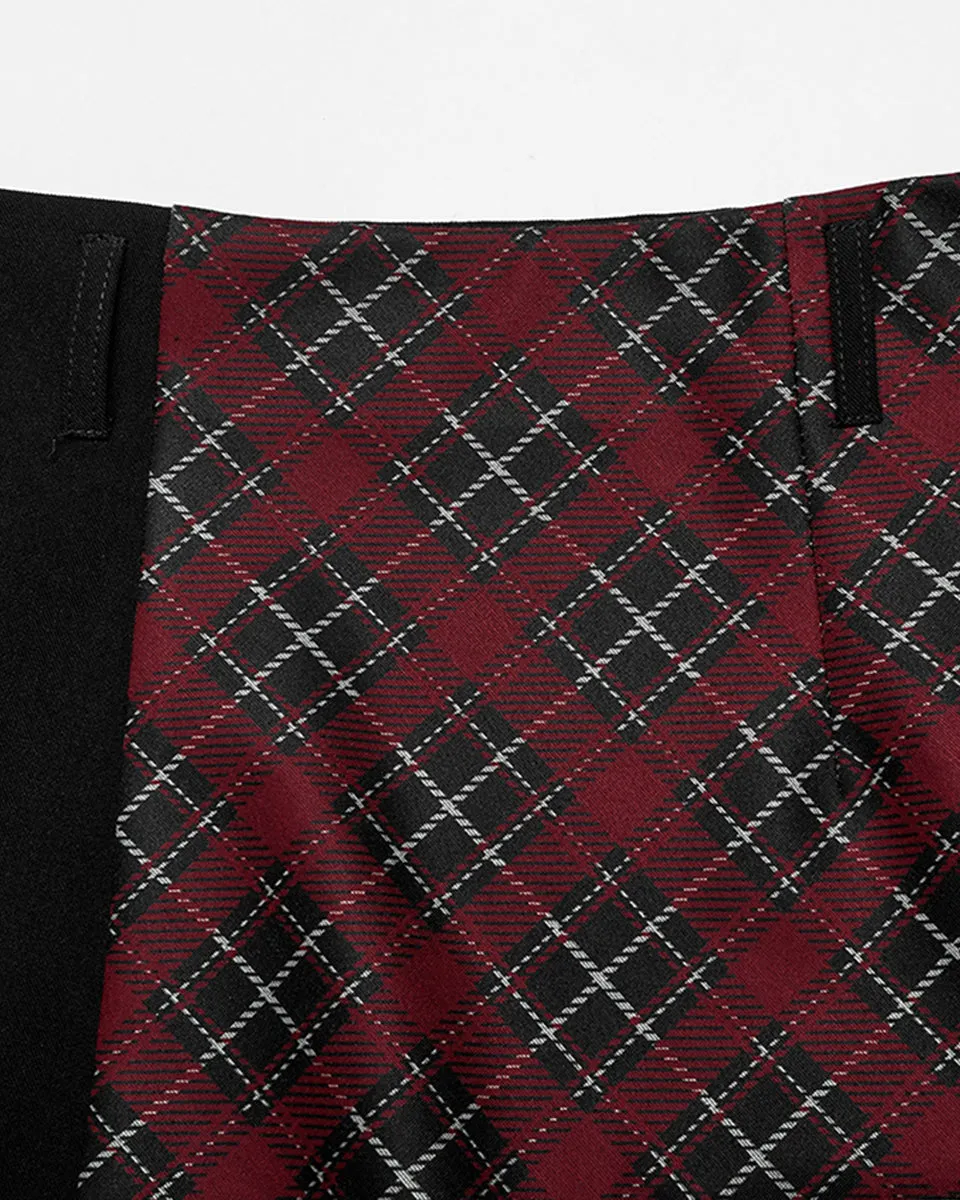 OPQ1339 Daily Life Gothic Techwear Cargo Midi Skirt - Black & Red Plaid