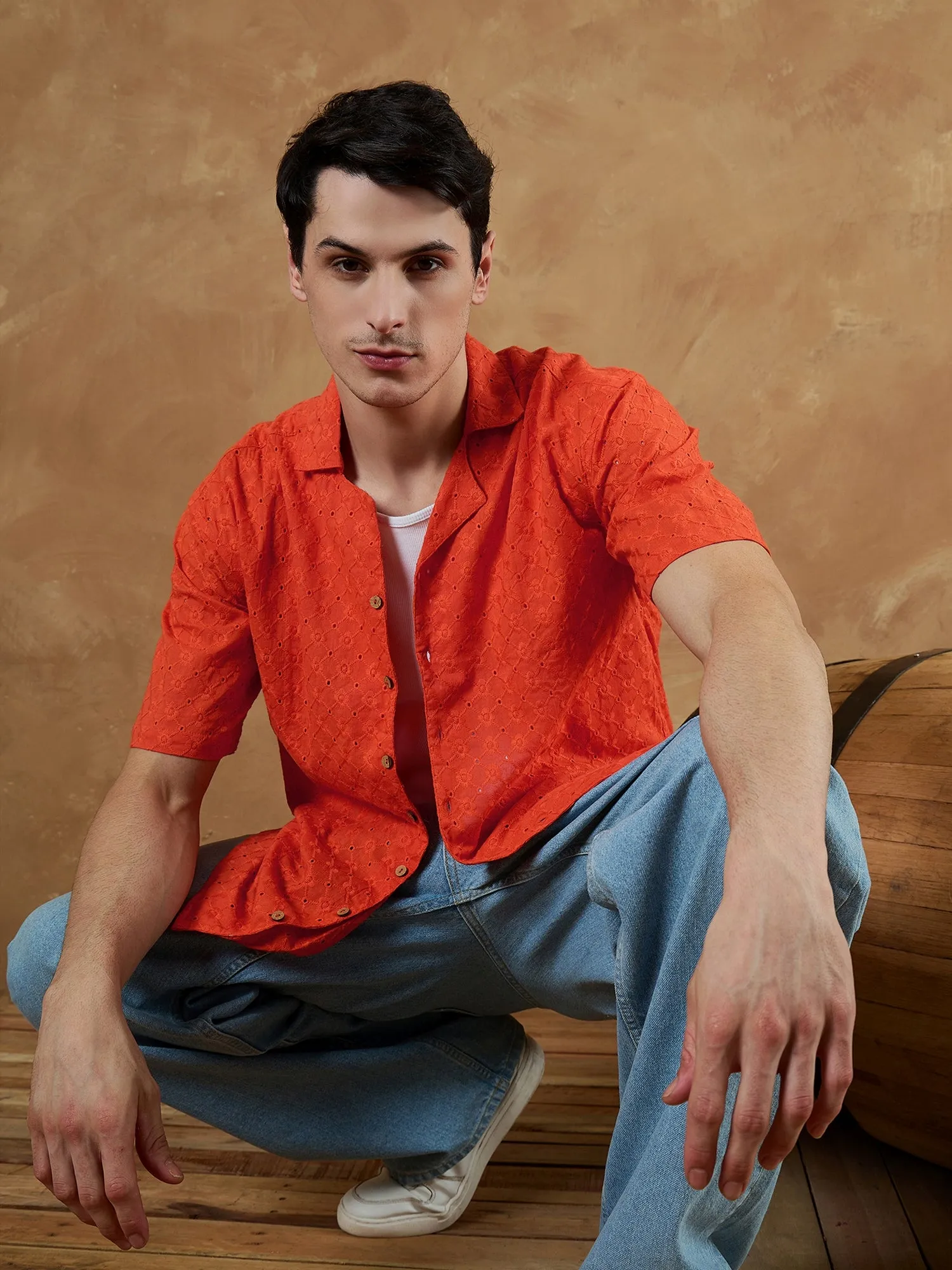 Orange: Schiffli Semi Sheer Oversized Shirt
