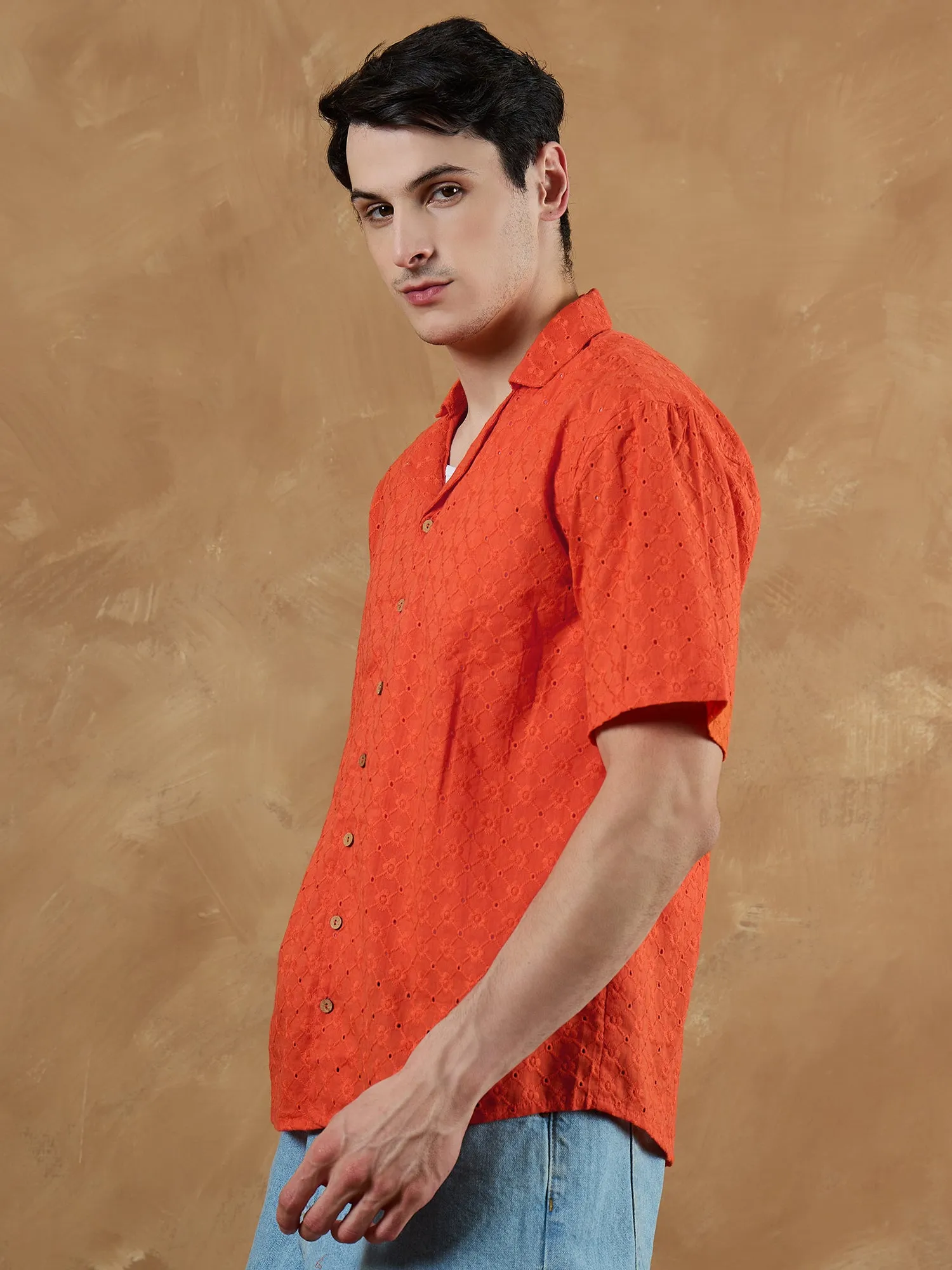 Orange: Schiffli Semi Sheer Oversized Shirt