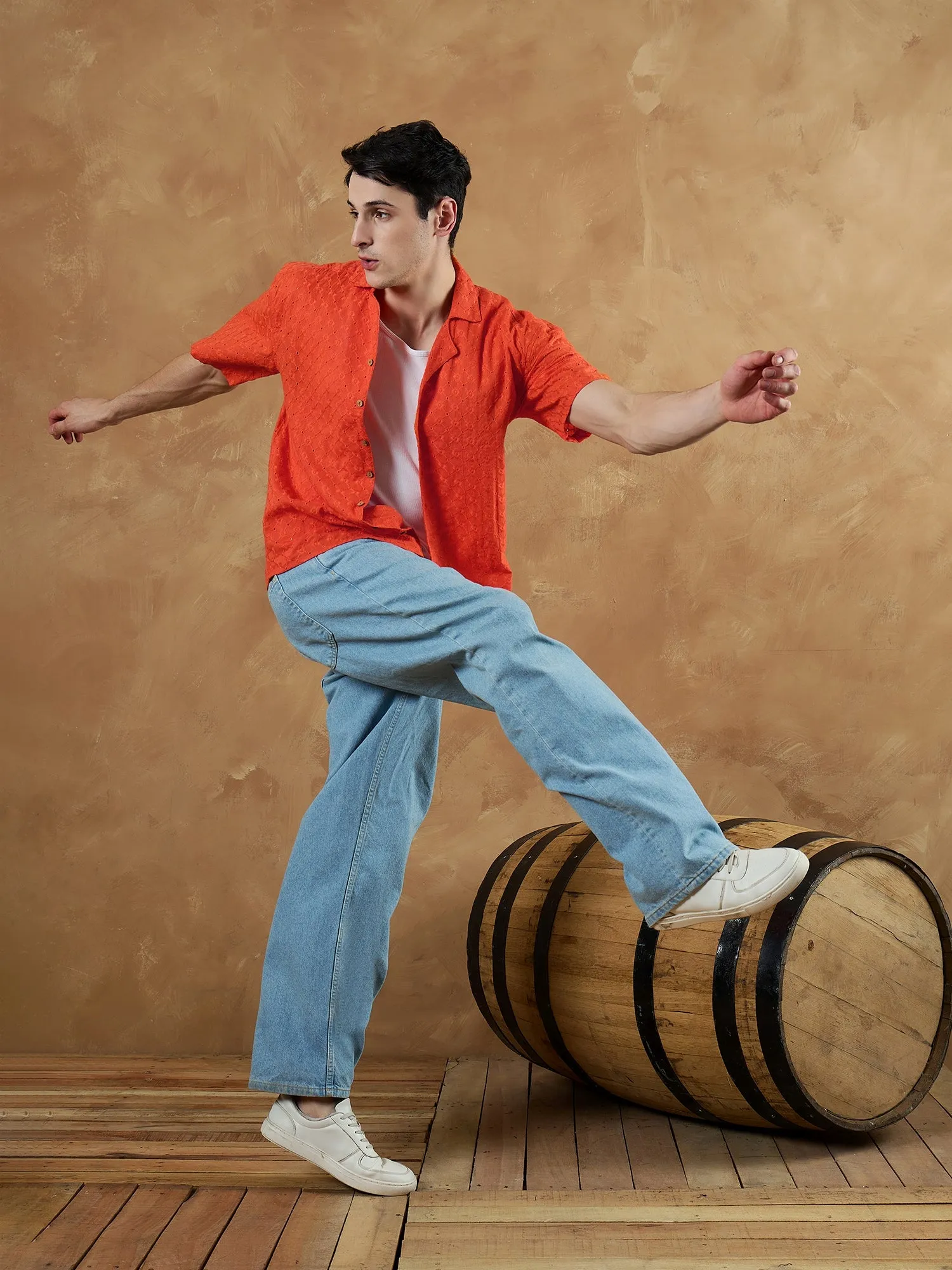 Orange: Schiffli Semi Sheer Oversized Shirt