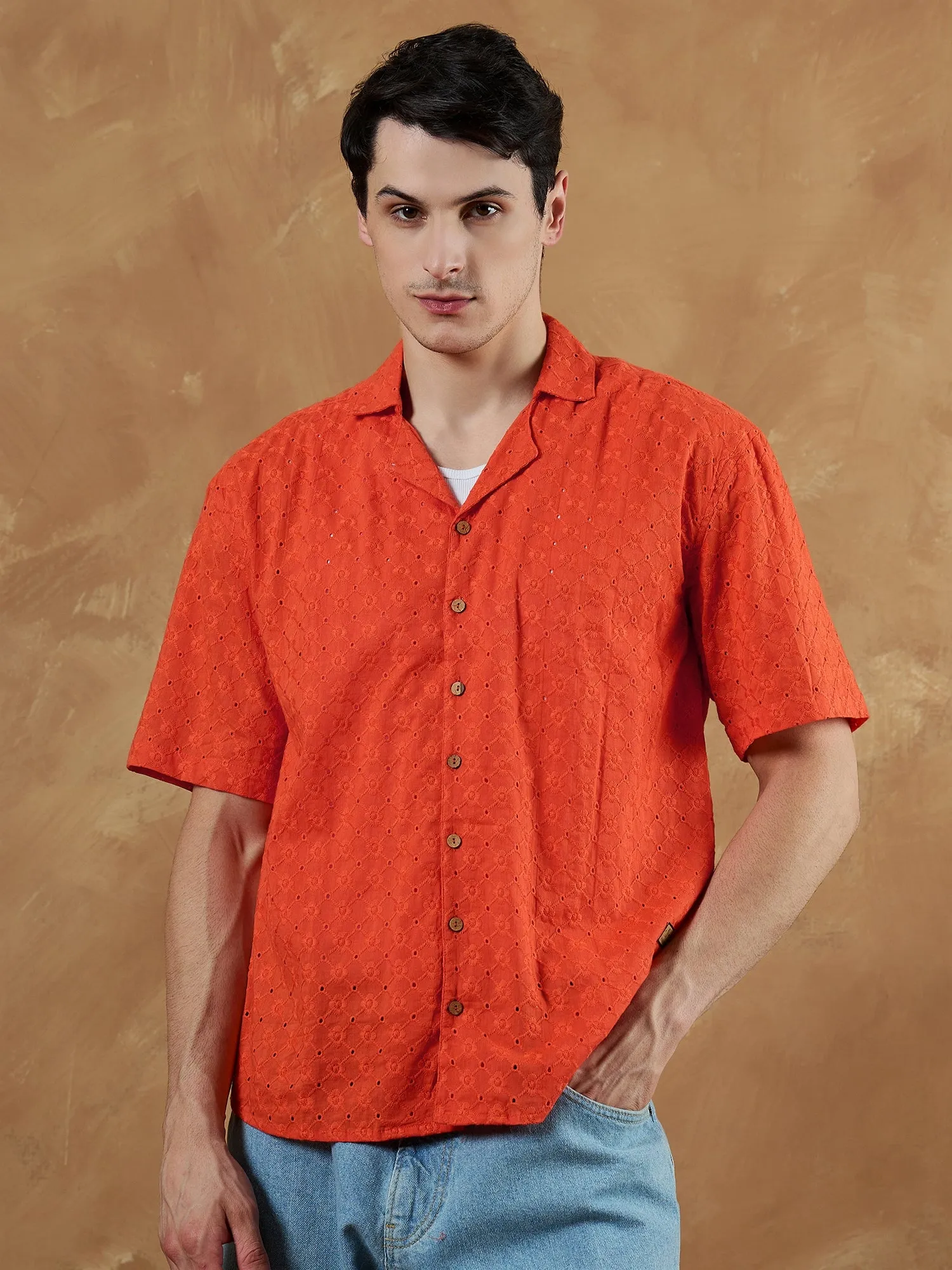 Orange: Schiffli Semi Sheer Oversized Shirt
